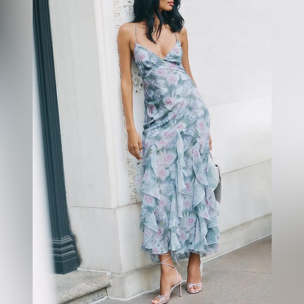 New NWT For Love & Lemons Anthropologie Elea Ruffle Maxi Dress